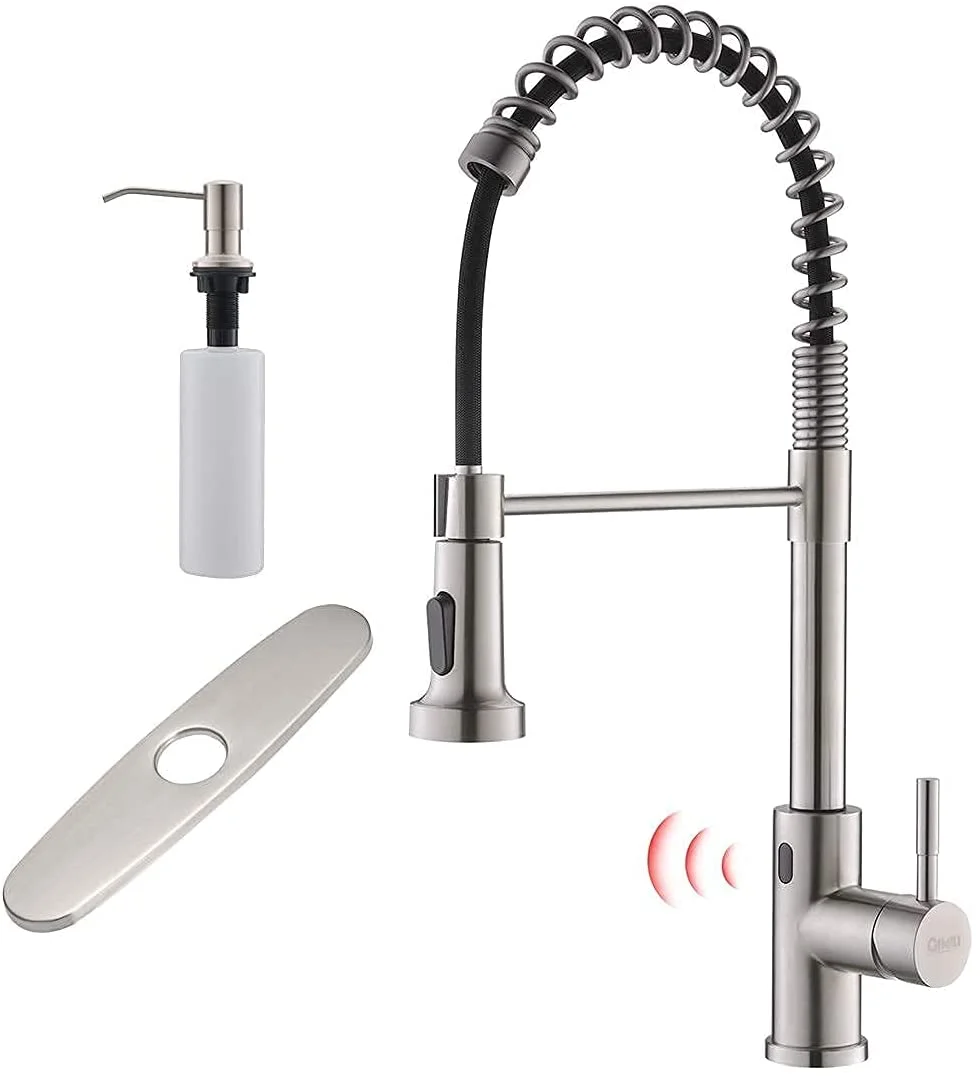 GIMILI Touchless Spring Kitchen Faucet with Deck Plate & Soap Dispenser,Brushed Nickel